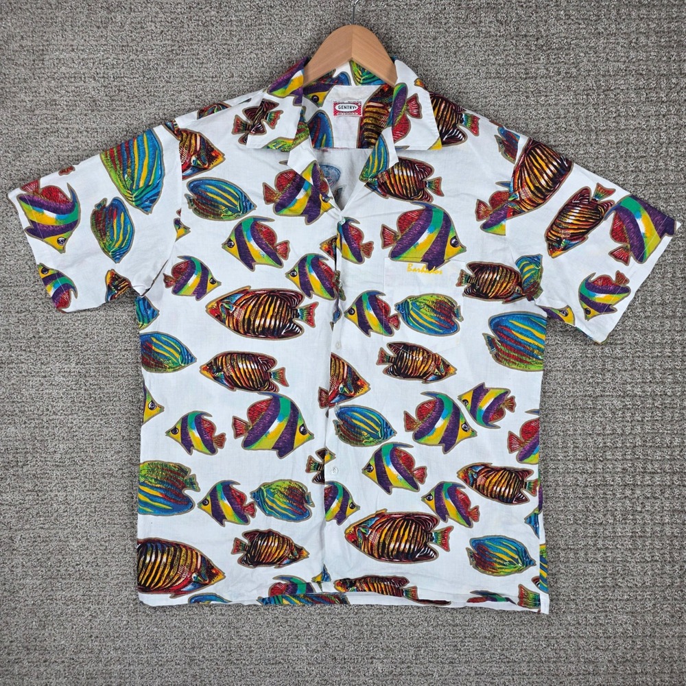 Vintage Gentry Hawaiian Tropical Fish Print Button Shirt Mens Large White Cotton